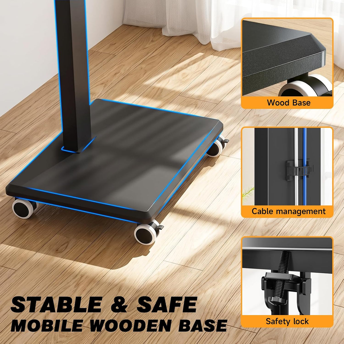 Rolling Floor TV Stand with Double Shelves, Height Adjustable Swivel Freestanding TV Mount with 2'' Lockable Nylon Casters, Solid Wood Base for 32-75 Inch TVs up to 110 lbs, Max VESA 400x400mm - Image 6