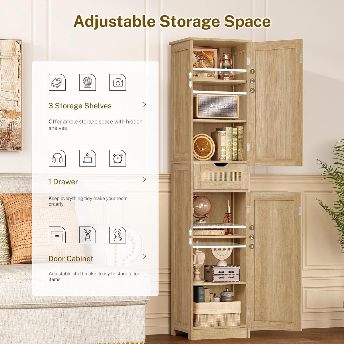 66.9" H Tall Storage Cabinet with 2 Rattan Doors and 1 Drawer, Narrow Rattan Cabinet with Adjustable Shelves, for Living Room, Entryway, Kitchen, Natural - Image 6