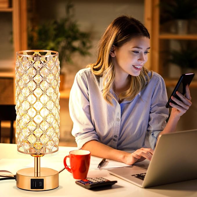 Crystal Table Lamp, 3 Way Dimmable Touch Lamps for Night Stands, Gold | Gold Crystal Touch Lamp for Bedroom with USB-C/A, Bulb included - Image 6