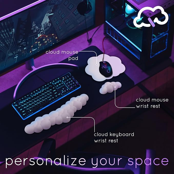 Cloud Keyboard Wrist Rest – Create-ables Qloud Cloud Wrist Rest for Computer Keyboard and Mouse, Ergonomic Memory Foam Wrist Pad with Non-Slip Base, Includes Cloud Mouse Pad – White - Image 3