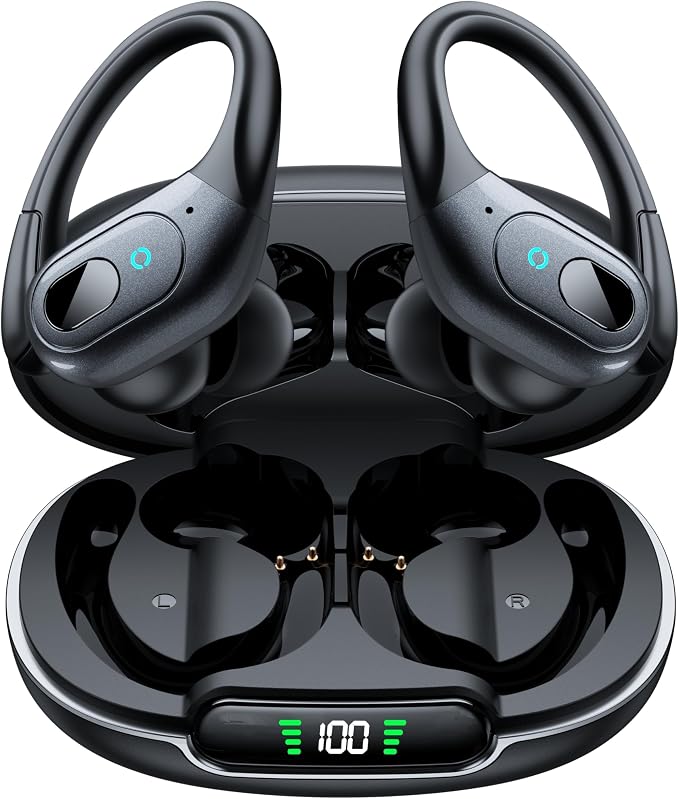occiam Active Noise Cancelling Earbuds Wireless Bluetooth Headphones | Ear Buds 90Hrs Playback Stereo Bass Earphones with Mic Over-Ear Hooks IPX7 Waterproof Headset for Sports Running Matte Black by occiam
