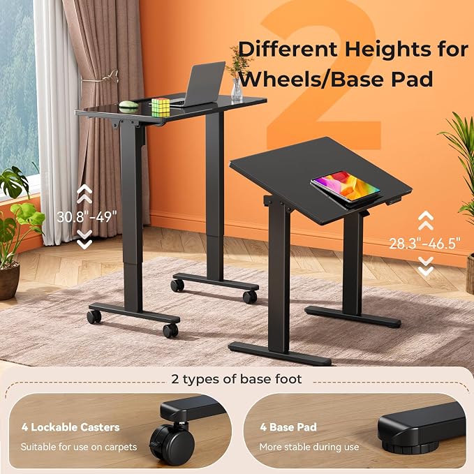 35" Black Glass Standing Desk, 90° Tilt Drafting Table on Wheels | Electric Height Adjustable Foldable One-piece Art Rising Desk, Small Mobile Sit Stand Laptop Cart with 4 Lockable Casters - Image 3