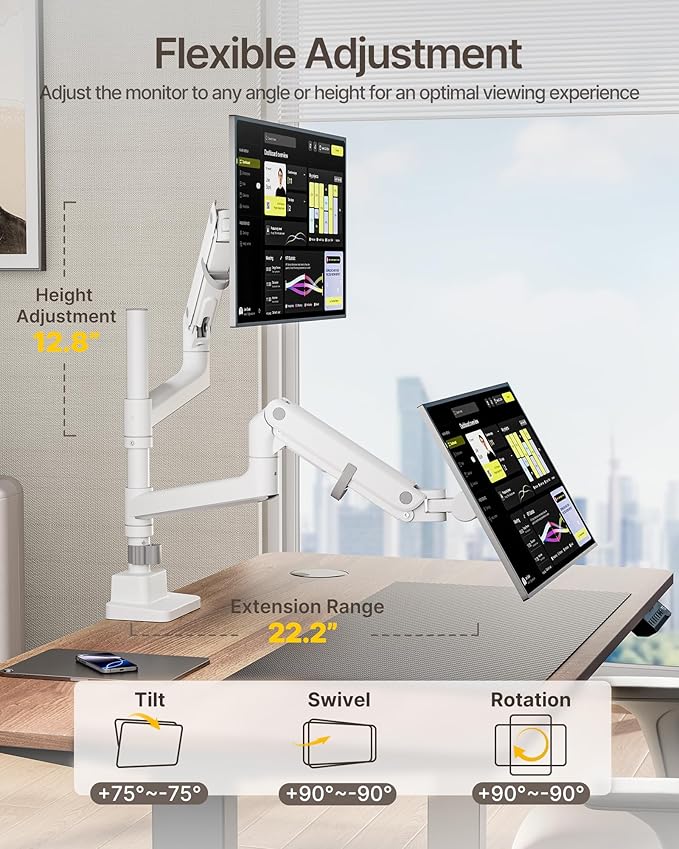 monTEK Dual Monitor Arm, Vertical Stackable 17-57", Heavy Duty，White | Vertical Stackable Gas Spring Arm For 17–57" Ultrawide Monitors, Holds Up To 59.4 Lbs Each, Compatible With 75/100 VESA Mount - Image 5