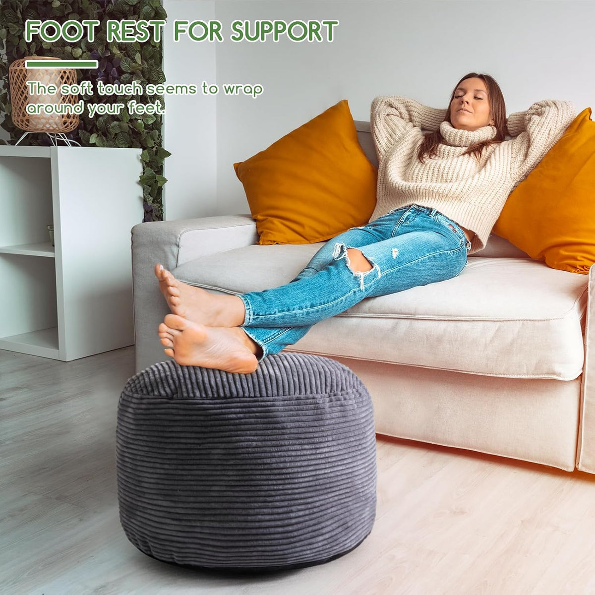 HIGOGOGO Round Stuffed Pouf Ottoman, Corduroy Poufs with Foam Chunk Filling, Furry and Fluffy Pouf Foot Stool Storage Ottoman, 20 X 15 Floor Poufs Foot Rest for Living Room, Dark Grey - Image 5