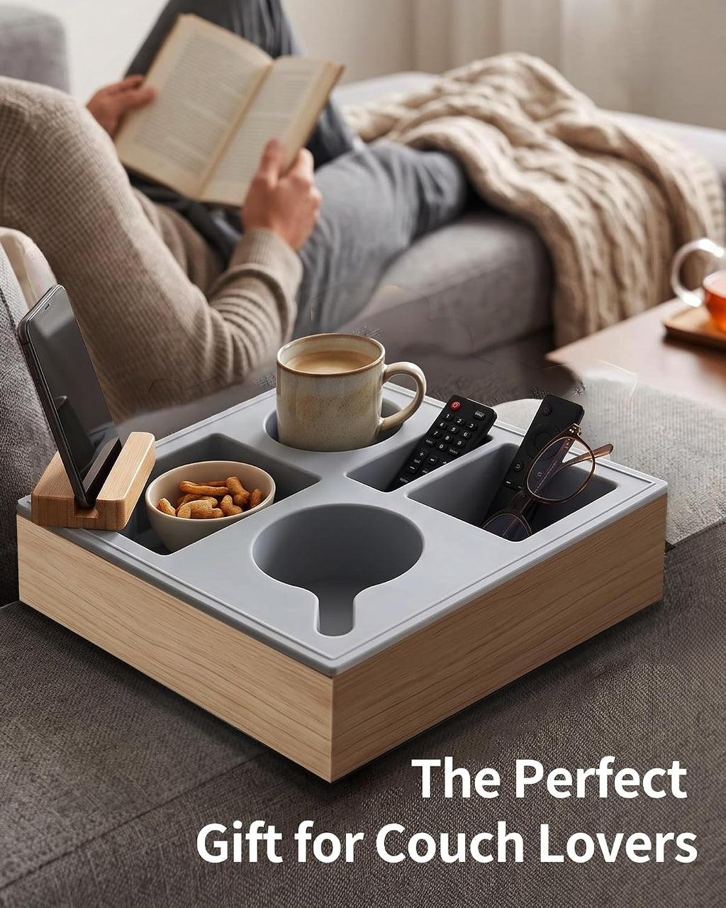 Couch Tray with Cup Holder, Sofa Arm Couch Caddy, Spill Resistant Organizer - Image 7