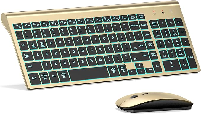 Wireless Backlit Keyboard and Mouse Ultra Slim Combo, TopMate - Gold Black | 2.4G Silent Compact 2400DPI Mouse and Scissor Switch Keyboard Set, Batteries Included, for PC/Laptop/Windows/Mac/Gaming by TopMate