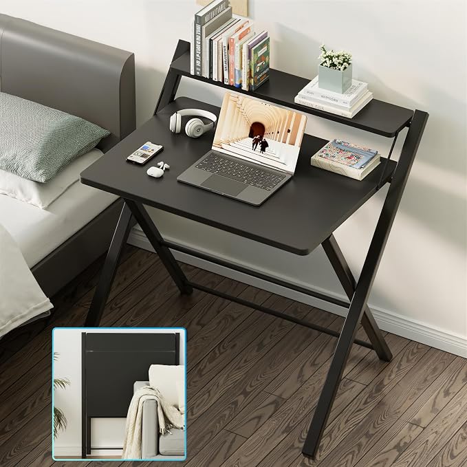 GreenForest Folding Desk No Assembly, Sturdy Computer Desk for Small Spaces | Portable Foldable Table for Laptop, 2-Tier Compact with Shelf, Space Saving for Home Office, Dorm, Apartment, 27"x 22" Black - Image 7