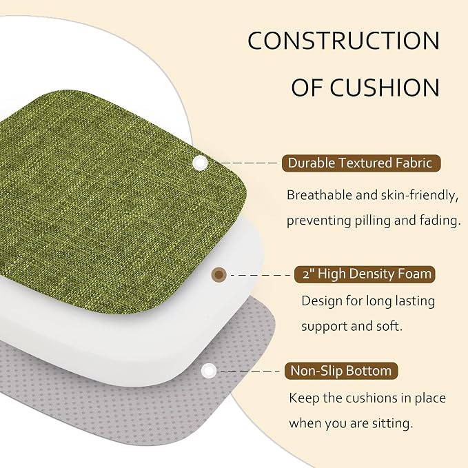 ELFJOY Non-Slip Chair Cushions for Dining Chairs Green 16.7"x16" | 4 Pack, with Ties and Washable Cover, U Shape, Breathable Fabric, for Kitchen Dining Office Folding Chairs，Comfortable - Image 7