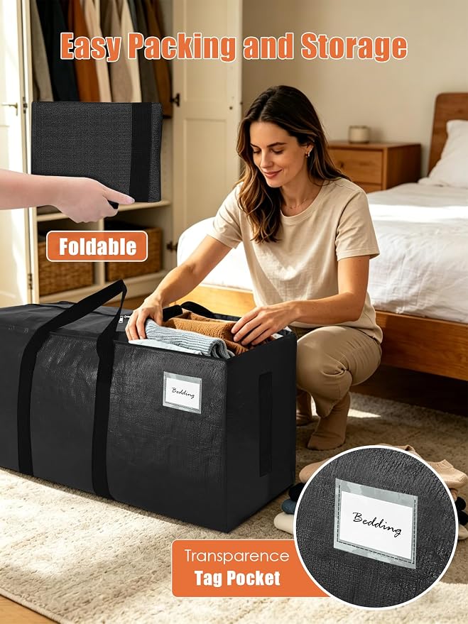 SWEET DOLPHIN 12 Pack 200LB Heavy-Duty Moving Bags with Wrap-Around Handles, Extra Large Storage Totes for Space Saving, Clothes Storage Bags, College Dorm Essentials, Black, 24 Gal - Image 3