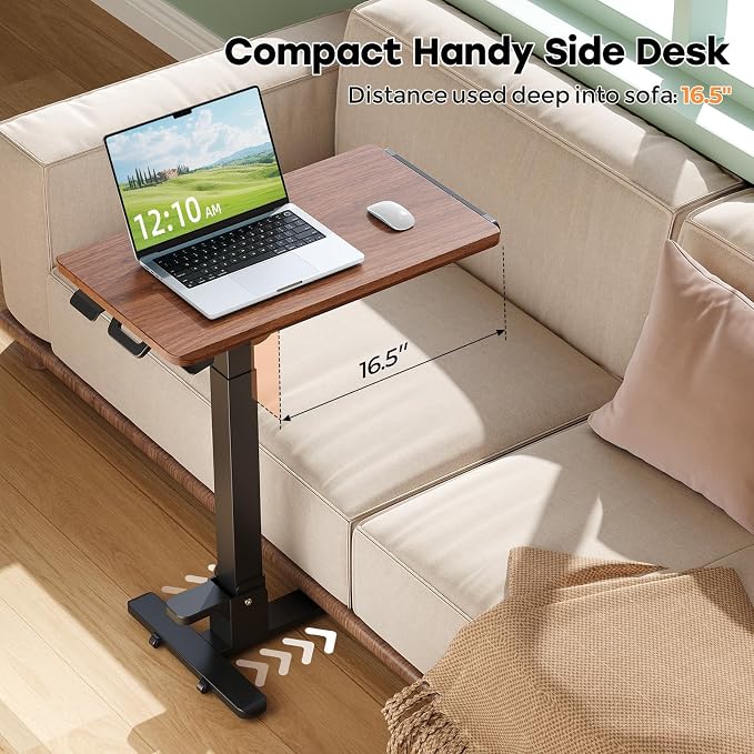 27" Foldable Standing Desk, No-Assembly Needed, Dark Wood | Height Adjustable Portable Mobile Desk with 90° Tiltable Desktop for Storage, End Table for Couch on Wheels - Image 4