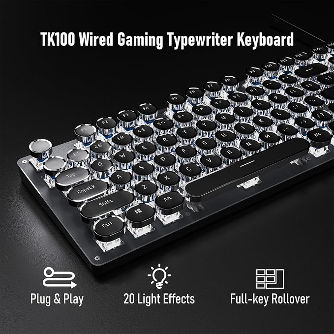 SEUNKWANG Typewriter Style Mechanical Gaming Keyboard with White Backlit, Wired Retro Punk Computer Keyboard Durable Metal Panel, Clicky Blue Switch, Round Keycaps, Full-size for PC/Desktop/Win, Black - Image 2