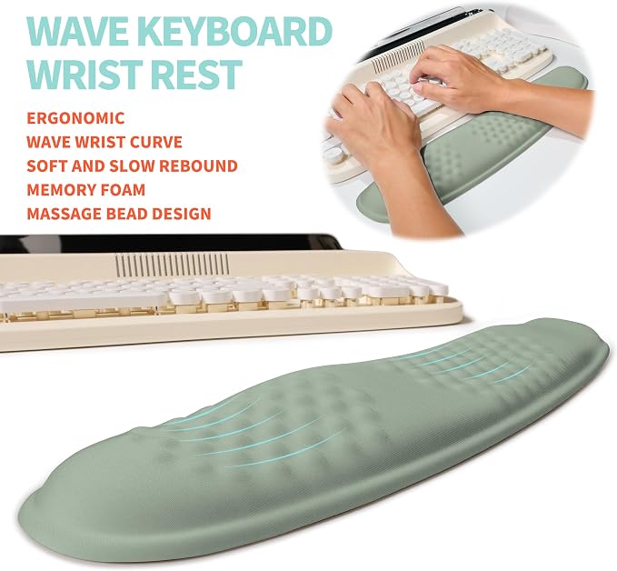 2-in-1 Ergonomic Set, Wave Rise Keyboard Wrist Rest and Massage Bulge Slope Mouse Pad Wrist Support, Cushion Memory Foam Integrated to Relieve Wrist Pain, Light Green - Image 2