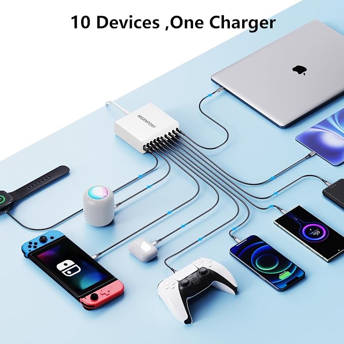 320W USB C Charger Block, MGRNPONY 10-Port GaN USB C Charging Station White | PD 65W Laptop Fast Charger Adapter for MacBook Pro/Air, DELL, iPad, iPhone, Samsung Galaxy - Image 4