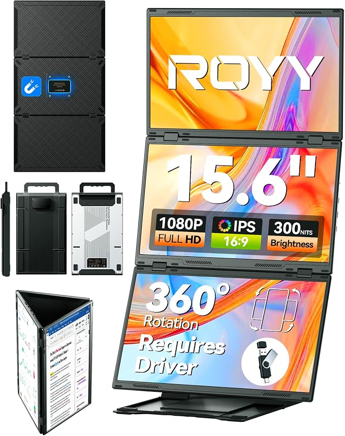 15.6" Quad Laptop Screen Extender,FHD 1080P Double Portable Monitor with 30" Combined Display(Landscape/Portrait),One-Cable Connection and Driver Required,Compatible with Wins & Mac(M1/M2/ M3/M4/M5) by ROYY
