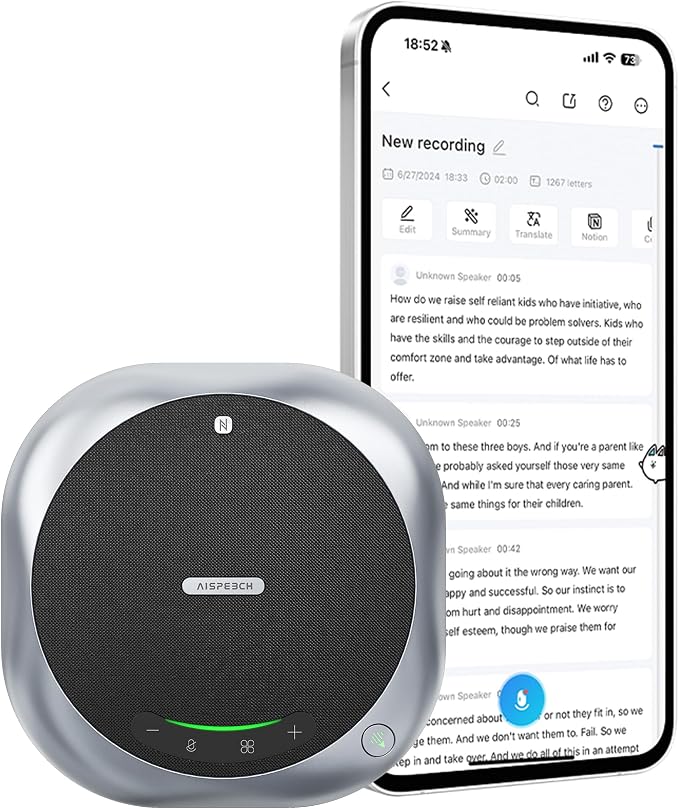 6-Mic Conference Speakerphone for Hybrid Meetings, Up to 25 Hours, Black | AI noise reduction, 90° focused pickup, 360° voice pickup, 20 ft range, voice/music modes, Bluetooth, NFC, USB, room coverage by FocusonHumanizedIntelligentVoicelnteractionTechnology