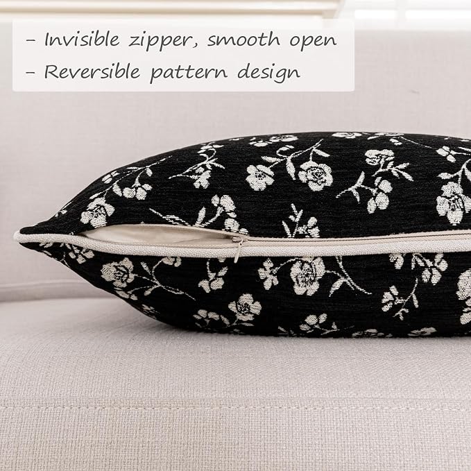 12x20 Chenille Jacquard Lumbar Pillow Cover, Black Vintage Floral Cushion Case with Piped Edges, Decorative Back Support for Sofa, Bed & Chair, 2 Pack - Image 4