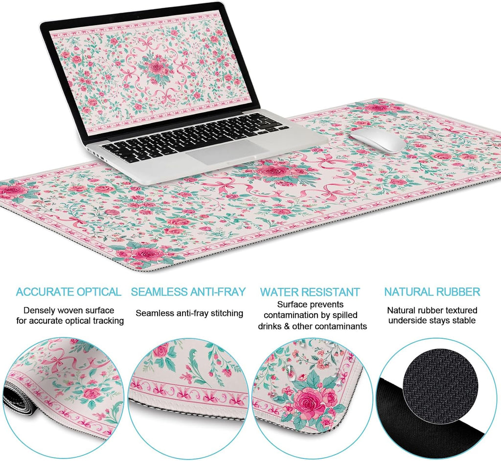 Pink Floral Desk Mat, Ergonomic Mouse Pad Set with Wrist Rest - Image 4