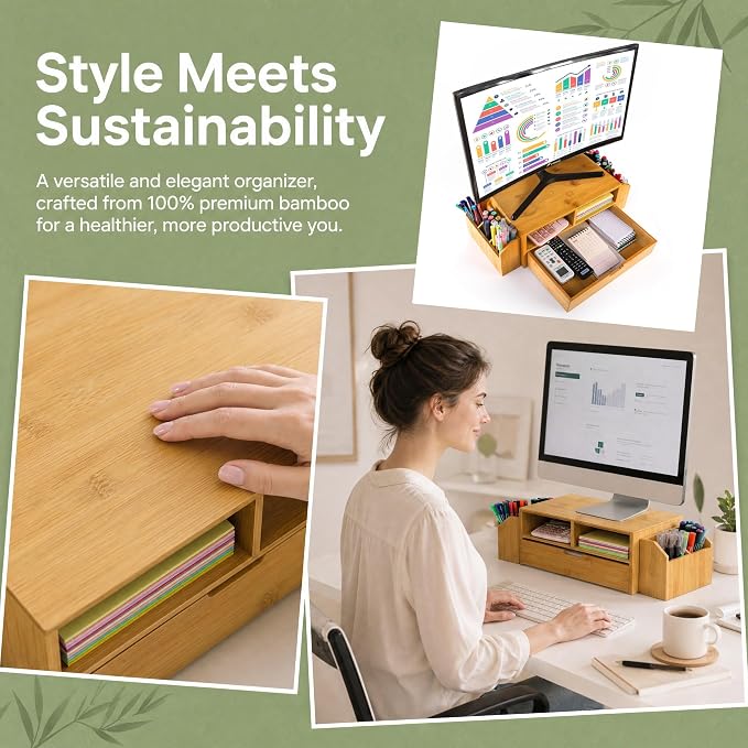 Hiceeden 2 Tier Bamboo Desktop Organizer, Desk Monitor Stand Riser with 1 Drawer and 2 Pen Holder, 2 Compartment Computer Desk Storage Organizer for Laptop, Printer - Image 5