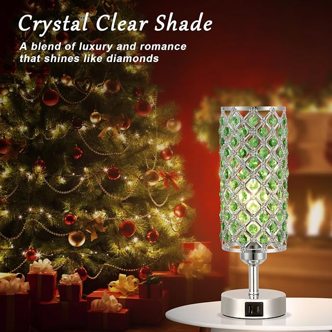 Crystal Table Lamp, 3 Way Dimmable Touch Lamps for Night Stands, Green | Green Crystal Bedside Lamp, Nightstand Lamp for Bedroom - Image 2