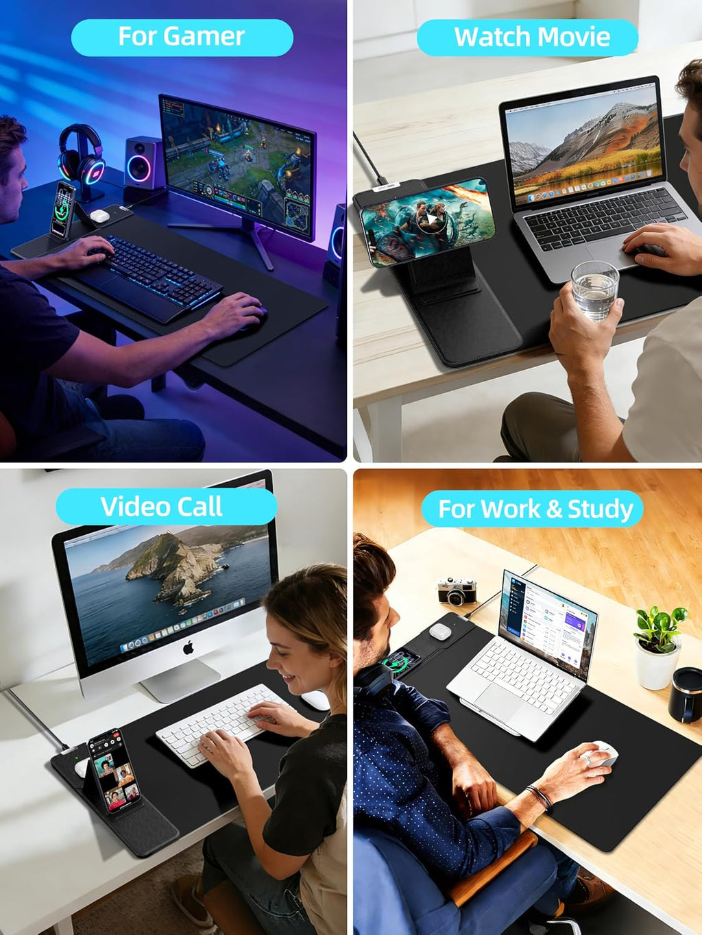 Mouse Pad with Magnetic Wireless Charging & Adjustable Phone Stand, 31.5"x15.8" Extended Desk Mat, Waterproof Ultra-Smooth Keyboard Pad, Non-Slip Base, Black - Image 8