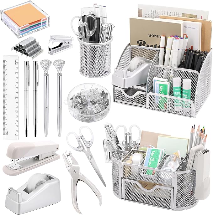 17 IN 1 Office Desk Organizer Set for Back to School Supplies Accessories | 3 Office Desk Storage Organization, 4 Pens, Stapler, Staples & Remover, Tape & Dispenser, Scissors, Ruler, Clips, Hole Punch by Froidesente