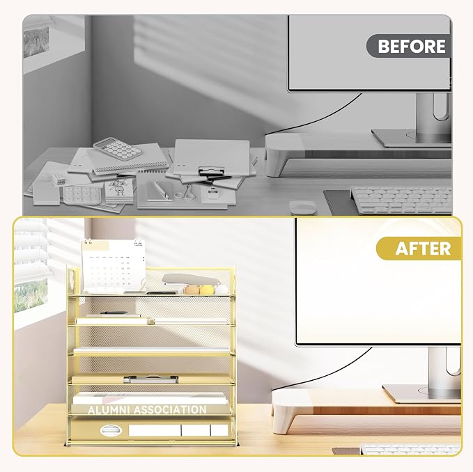 Daltack 6-Tier Paper Organizer for Desk with Handle, Gold, 2 Pack | Sturdy Metal Mesh Organizer with Movable Middle Trays and a Carry Handle for Papers, Folders and Office Supplies - Image 7