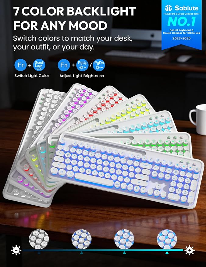 Wireless Keyboard and Mouse, Backlit Typewriter with Magnetic Wrist Rest | Phone Holder, Light Up Round Keycaps, Lighting Mouse, 2.4GHz Cordless Set for Mac, Windows, PC, Laptop, SABLUTE - Image 2