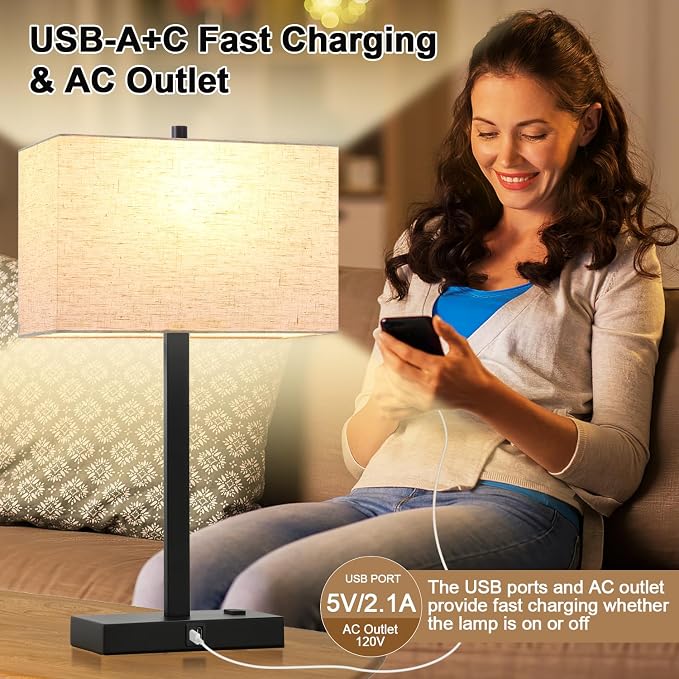 Lynnoland 21" Set of 2 Table lamp with USB A+C & AC Outlets, Touch Control 3-Way Dimmable Nightstand Lamps for Bedroom Living Room Office Reading, Linen Shade Touch Lamps, 3000K LED Bulbs Included - Image 7