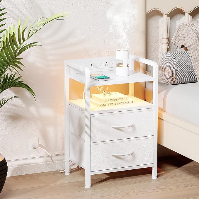 Lazzanto Nightstand with Rear Charging Station, LED Light, 2 Drawers, White | Industrial Nightstand, 2 USB-A Ports & AC Outlets, Raised Back Guard, Fabric Storage Drawers, Bedside Table for Bedroom, Dorm - Image 2