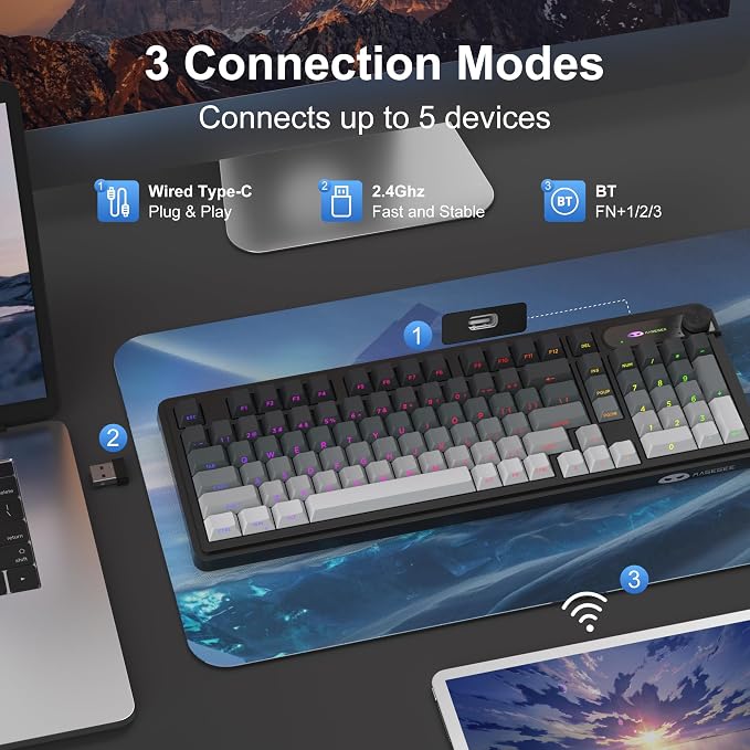 MageGee GK960 Wireless Keyboard, 98 Keys Tri-Mode BT/2.4G/Wired Membrane Gaming Keyboard, RGB Creamy Keyboard with Number Pad, Knob Control, Side Printed Keycaps, 4000mAh Battery - Black & Gray - Image 3