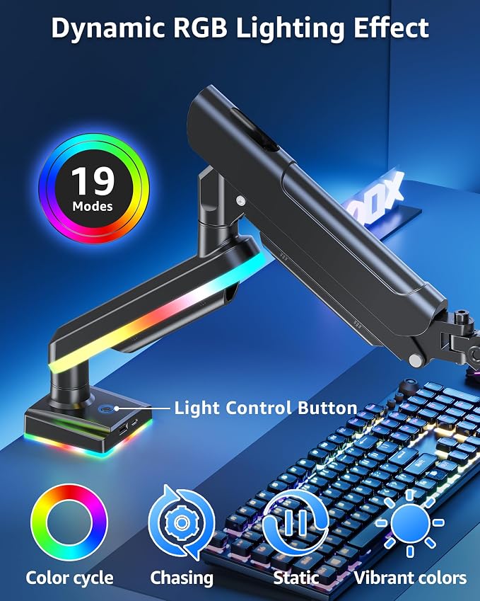 MOUNTUP RGB Single Monitor Arm Fits 32 27 24 22 inch, Holds 4.4-22lbs Screens, Monitor Stand for Desk with RGB Lights, 19 Modes, Computer Monitors Desk Mount, VESA Mount with Clamp & Grommet Bases - Image 7