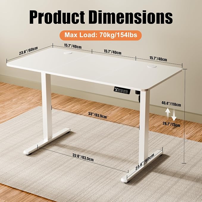 47"x24" Standing Desk, Height Adjustable Sit-Stand Office, White | Electric Adjustable Standing Desk, Sit to Stand Computer Office Desk with Splice Board, Memory Preset, Lifts 28.7''-46.5" - Image 3