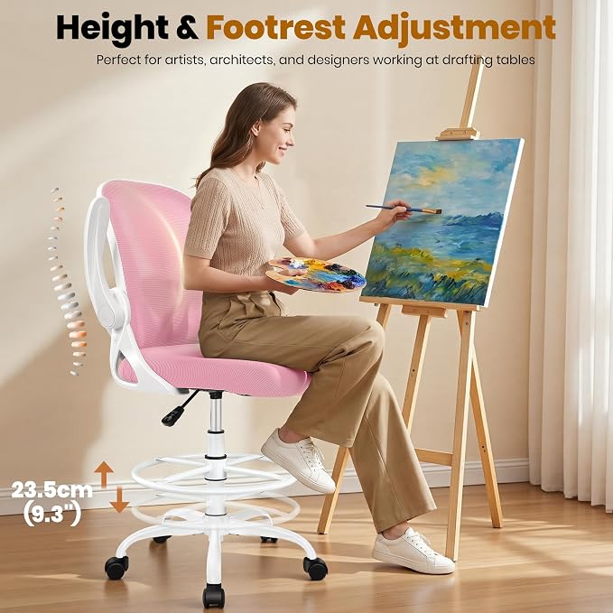 Drafting Chair Tall Office Chair with Flip-up Armrests Executive Ergonomic Computer Standing Desk Chair with Lumbar Support and Adjustable Footrest Ring (Pink) - Image 6