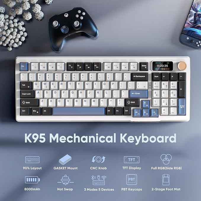 RedThunder K95 Wireless Mechanical Keyboard, TFT Screen & Knob, Tri-Mode BT5.0/2.4GHz/USB-C Hot Swappable Custom, Pre-lubed Linear Switches, Gasket Structure, RGB Gaming Keyboard, Snowy White-Blue - Image 2