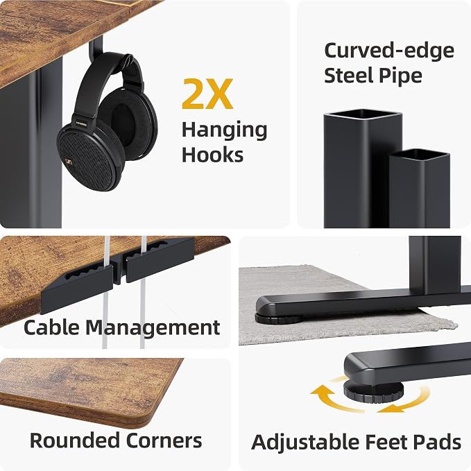 Claiks Electric Height Adjustable Standing Desk, 63x24 Inch, Rustic Brown | Smooth Height Adjustment, 3 Memory Presets, Cable Management Hub&Hook, Stable Steel Frame, 176lbs Capacity, Easy Assembly - Image 4