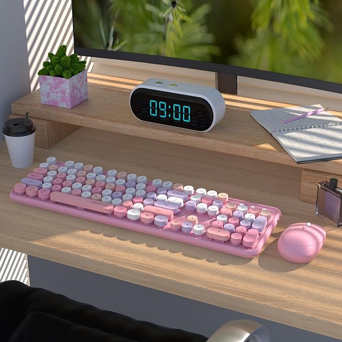 UBOTIE Colorful Wireless Keyboard and Mouse Combo (Pink-Colorful) | Retro Typewriter Floating Full-Sized Keys Computer Keyboard with Optical Mouse, 2.4GHz USB Connection for Windows Mac - Image 2