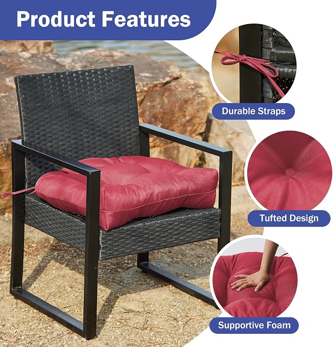 IPYNBAP Outdoor Chair Cushions Set of 2, Patio Chair Cushions with Ties, 17x17+4” Tufted Outdoor Seat Cushions, Waterproof Patio Furniture Cushions, Outdoor Dining Chair Pads, Burgundy (Pack of 2) - Image 5