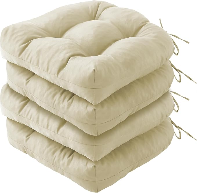 IPYNBAP Outdoor Chair Cushions Set of 4, Patio Chair Cushions with Ties, 19x19+5” Tufted Outdoor Seat Cushions, Waterproof Patio Furniture Cushions, Outdoor Dining Chair Pads, Beige by IPYNBAP