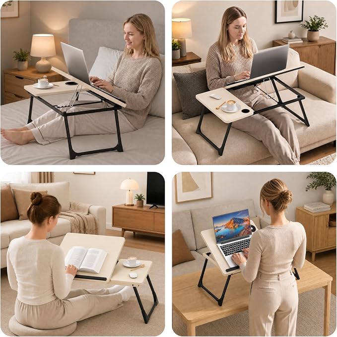 Laptop Bed Desk, 5-Angle Adjustable Bed Laptop Table with Cup Holder | Foldable Laptop Stand for Couch & Sofa, Portable Laptop Tray for Adults Writing Reading Eating, Beige - Image 9