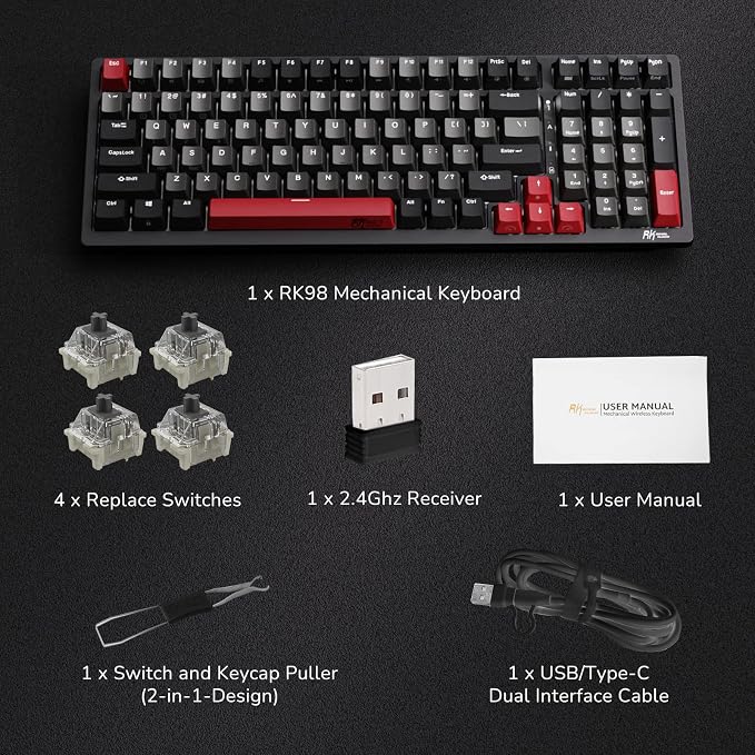 RK ROYAL KLUDGE RK98 Gaming Keyboard, Wireless Mechanical Keyboard 100 Keys Tri-Mode BT5.1/2.4G/USB-C Full Size Hot Swappable Custom Keyboard with Numpad RGB Backlit, Massive Battery, Silver Switch - Image 9