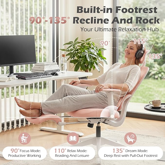 Ergonomic Office Chair with Footrest and Dynamic Lumbar Support, Pink | Reclining high-back computer chair, memory foam seat, 2D armrests, 2D headrest, mesh desk chair for home office, long hours - Image 5
