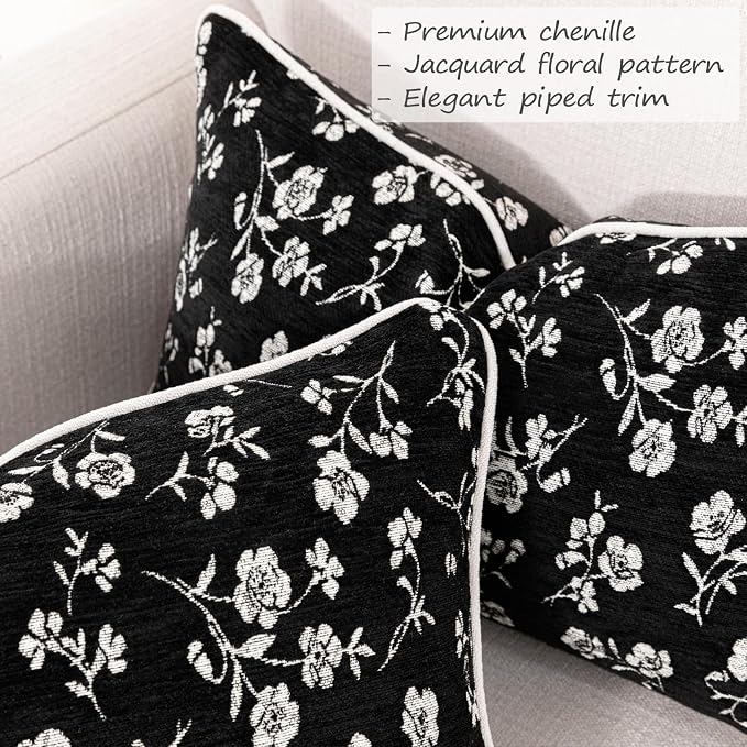 12x20 Chenille Jacquard Lumbar Pillow Cover, Black Vintage Floral Cushion Case with Piped Edges, Decorative Back Support for Sofa, Bed & Chair, 2 Pack - Image 3