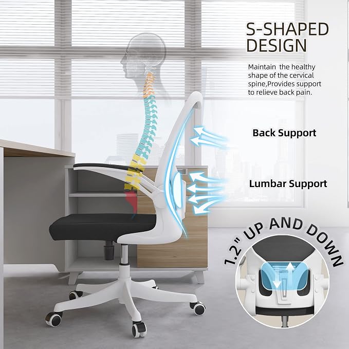 Monhey Office Chair - Ergonomic Office Chair with Lumbar Support & Flip Up Arms Home Office Desk Chairs Rockable High Back Swivel Computer Chair White Frame & Black Mesh Study Chair - Image 4
