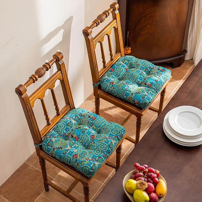 vctops Boho Geometric Chair Cushions with Ties U-Shaped Soft Cozy Cotton Linen Chair Pads Non Slip Seat Cushions for Indoor Dining Room and Kitchen Chairs (Turquoise,18"x18") - Image 2