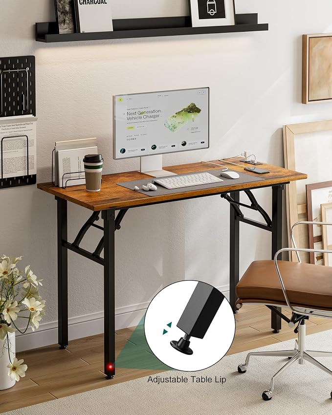 Small Folding Computer Desk – 43.3 Inch Portable Table for Craft and Study, Lightweight Desk for Small Spaces, Foldable Laptop Table Built-in AC/USB Outlets for Convenience, Rustic Brown - Image 8