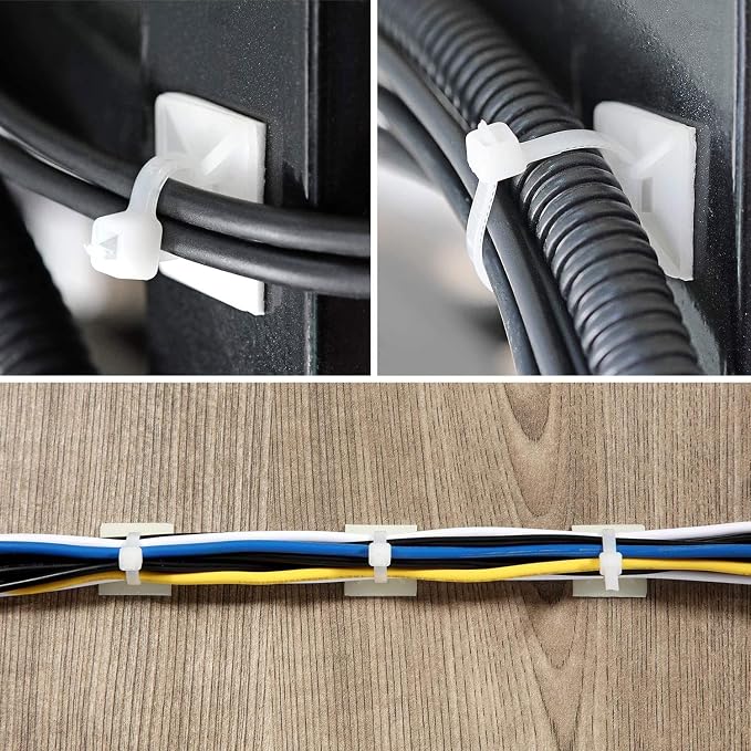 Strong Back-Glue Self Adhesive Cable Zip Tie Mounts Kit - 50 Set Cable Management Clips with 6" Zip Ties, Wire Holders - Outdoor Sticky Wire Organizer Clips-Black (50 Set, White) - Image 6