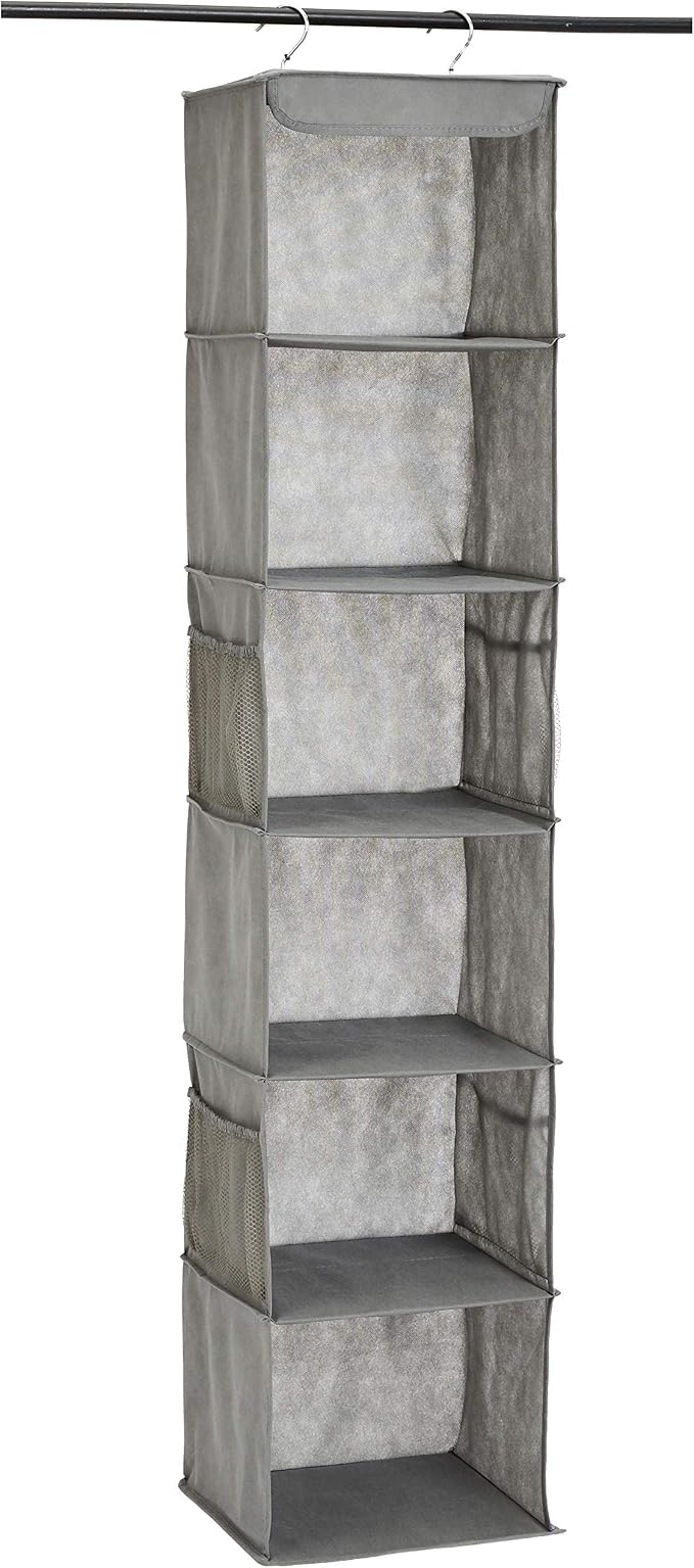 Amazon Basics 6-Tier Hanging Closet Shelf Organizer with Pockets, Clothes Storage for Sweaters and Clothing, 12" W x 9" L x 8.5" H, Grey | Organizer by AmazonBasics