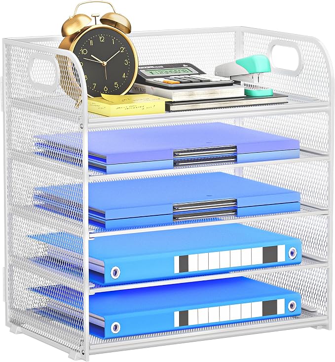 5-Tier Stackable Paper Organizer with Handle, White | Metal Mesh Desk Organizer Letter Tray, Office Storage & Organization for Home, School & Workplace by Kinkota