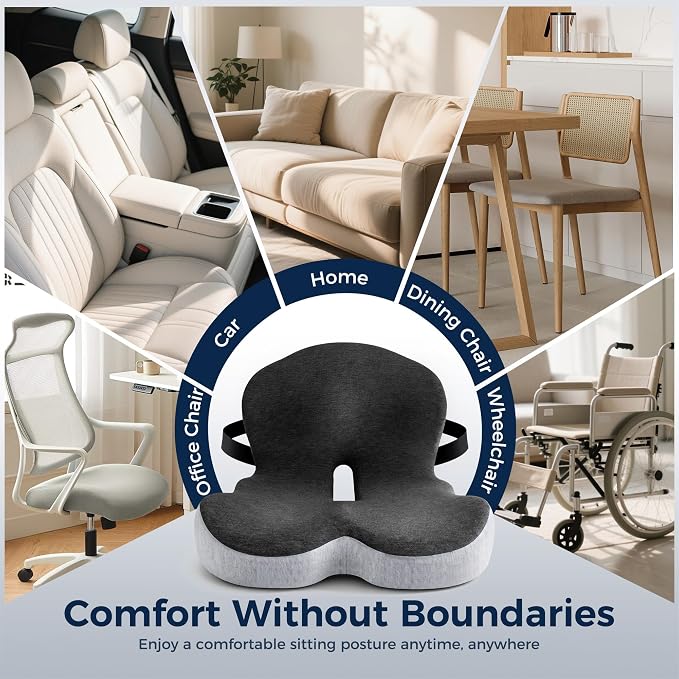 Seat Cushion, Office Chair Cushions for Tailbone Relief, Seat Cushions for Office Chair with L-Shaped Ergonomic Design & Adjustable Strap, Memory Foam Chair Cushion for Long Sitting (Black Gray) - Image 8