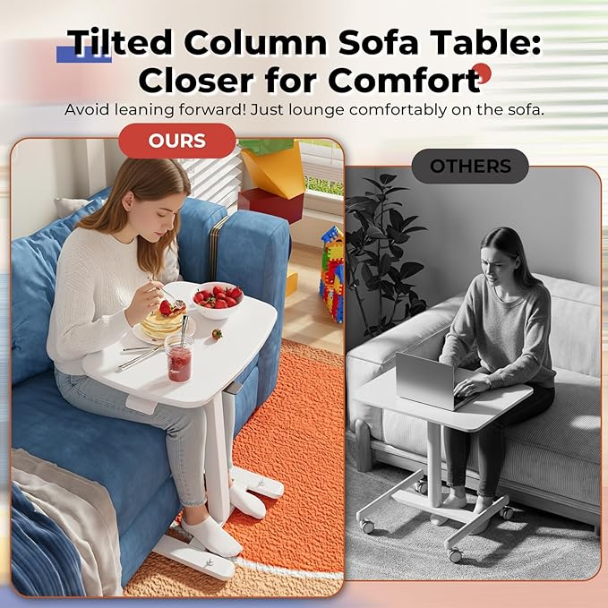JOY worker Low Height Small Mobile Standing Desk, 90° Foldable Laptop Desk | Height Adjustable TV Tray Table, 21.65" White MDF Tilt Board, Portable Desk with Low Base & Hidden Wheels, Couch Sitting Use - Image 4